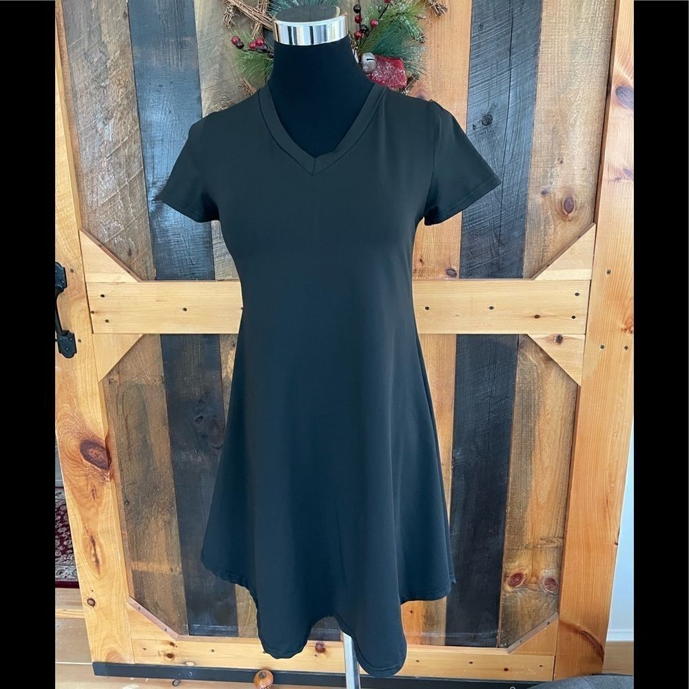 Shein black v neck swing style polyester/spandex dress, size S.